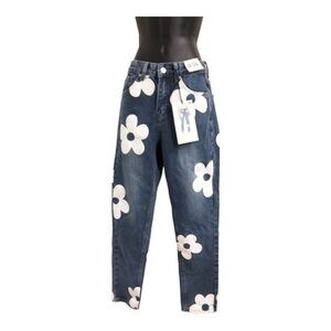 White faux leather daisy flower floral patchwork high waist hi rise jeans size 0